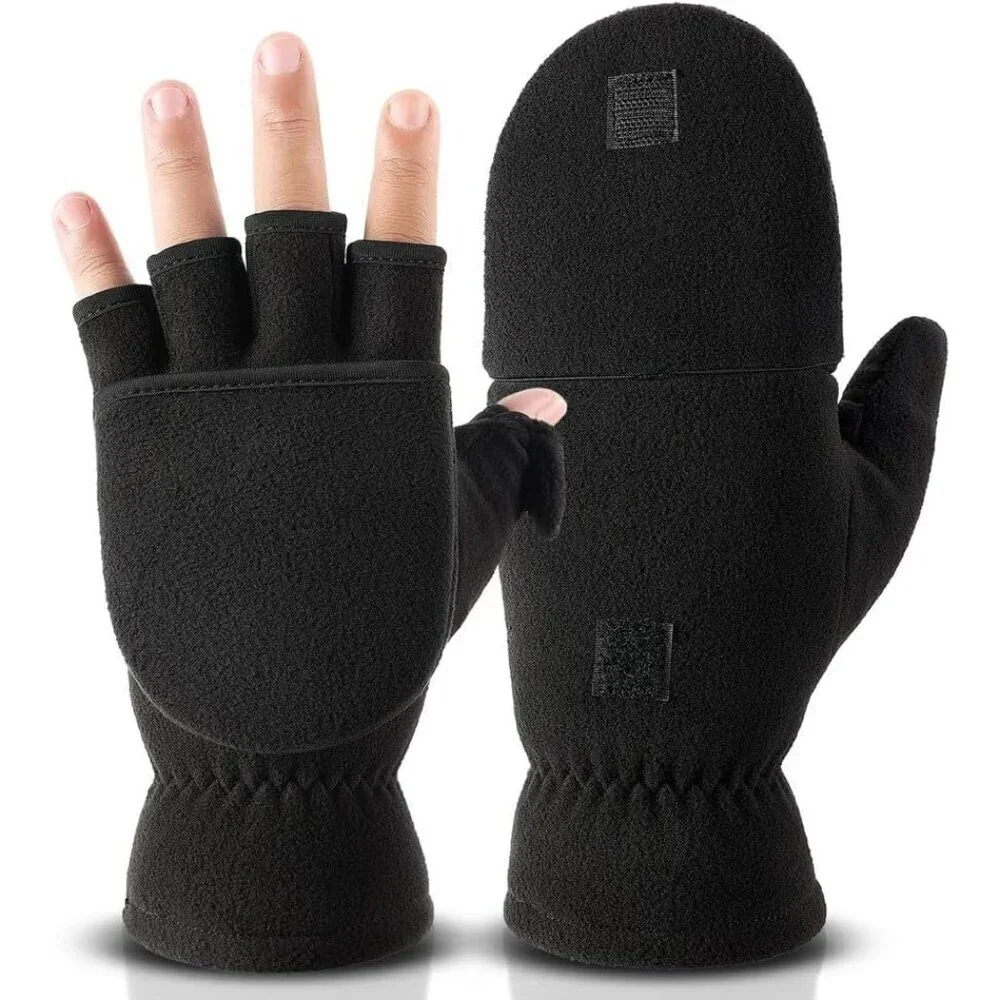 Winter Gloves Fingerless Convertible Mittens Polar Fleece Insulated Warm for Men